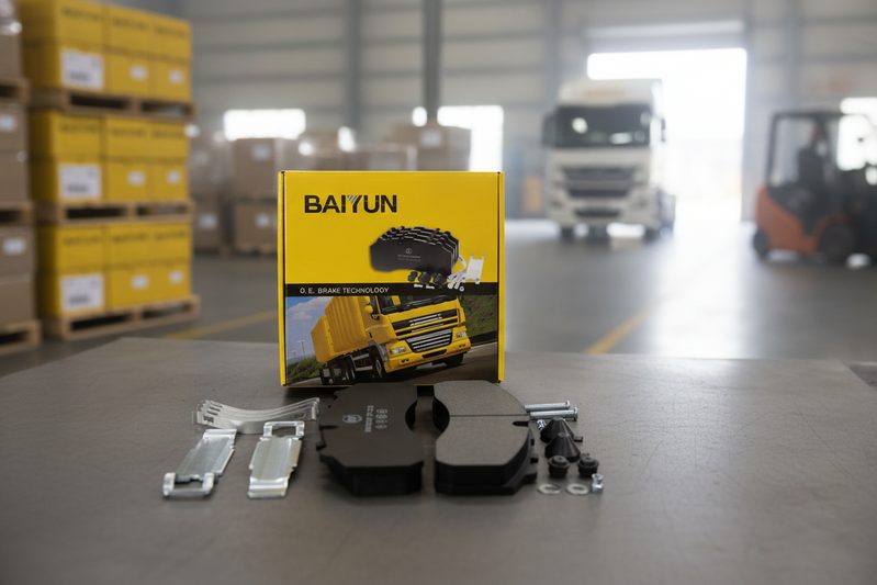 Warehouse pallets of commercial vehicle brake pads ready for export distribution