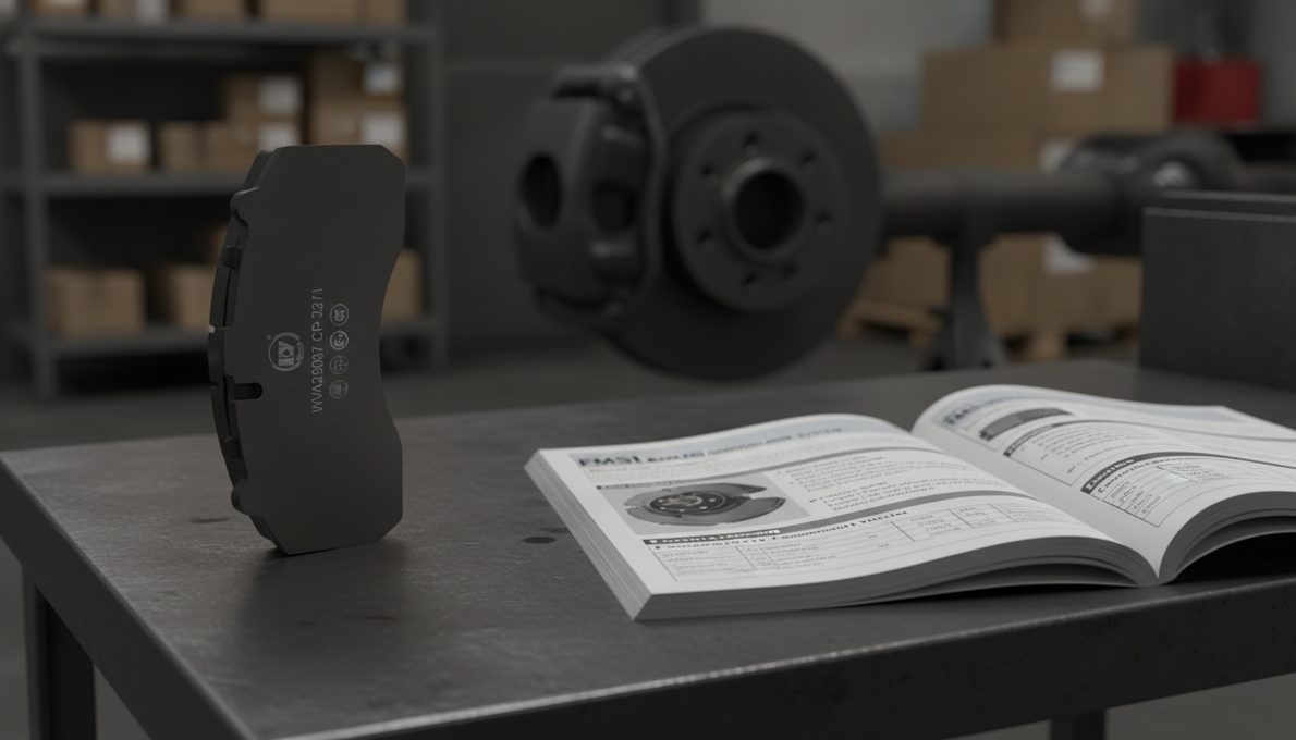 FMSI Updates Brake Pad Identification System - Work Truck Online featured image showing commercial truck brake pad with Z suffix label and riveted mechanical attachment