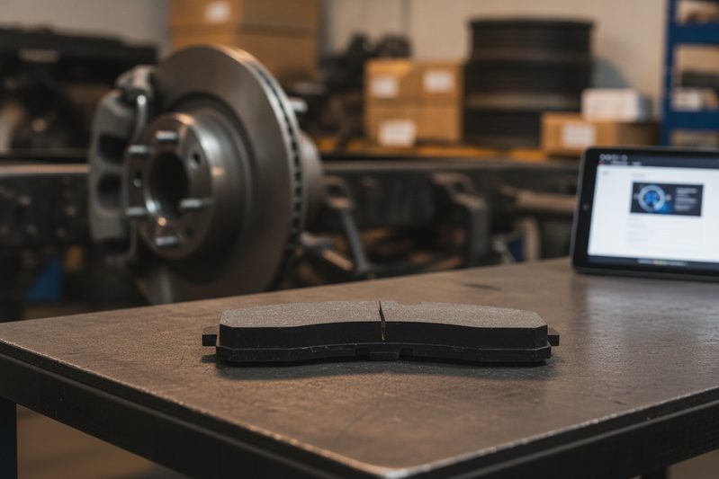 Technician checking FMSI Z suffix on a heavy-duty truck brake pad against a tablet parts catalog in a fleet workshop