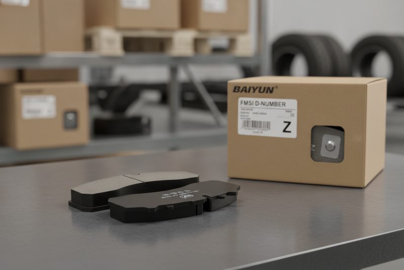 BAIYUN Brake commercial vehicle brake pad box with FMSI Z suffix label being handed to a fleet manager in a warehouse setting