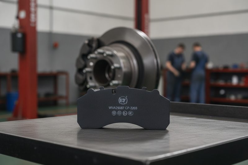Fleet maintenance technician inspecting BAIYUN Brake commercial vehicle brake pad cp2203 during a scheduled tractor-trailer brake service.