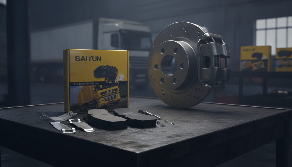 GM Supplier Dispute Could Halt Full-Size Truck Production This Week - GM Authority: BAIYUN Brake heavy-duty truck brake pads on workbench with commercial vehicle brake system background