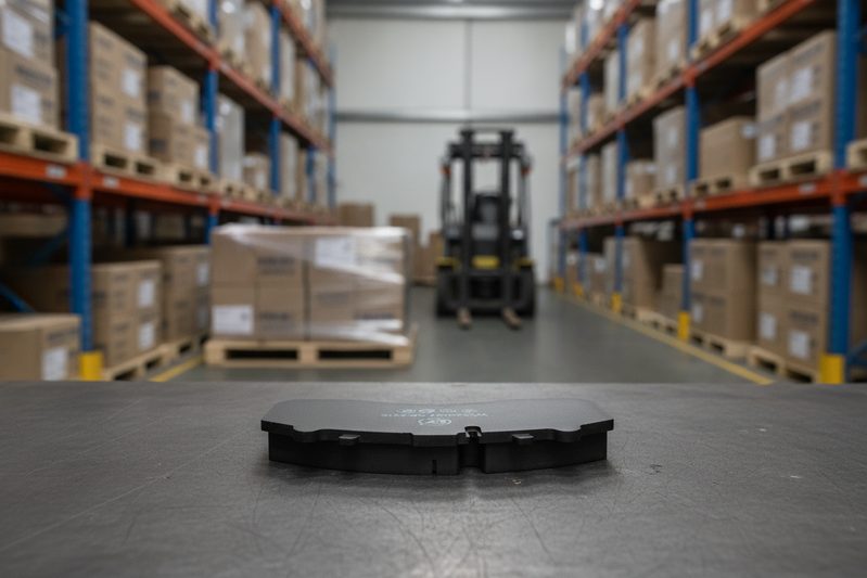BAIYUN Brake warehouse with pallets of ECE R90 certified commercial vehicle brake pads ready for export to distributors during supply chain disruptions