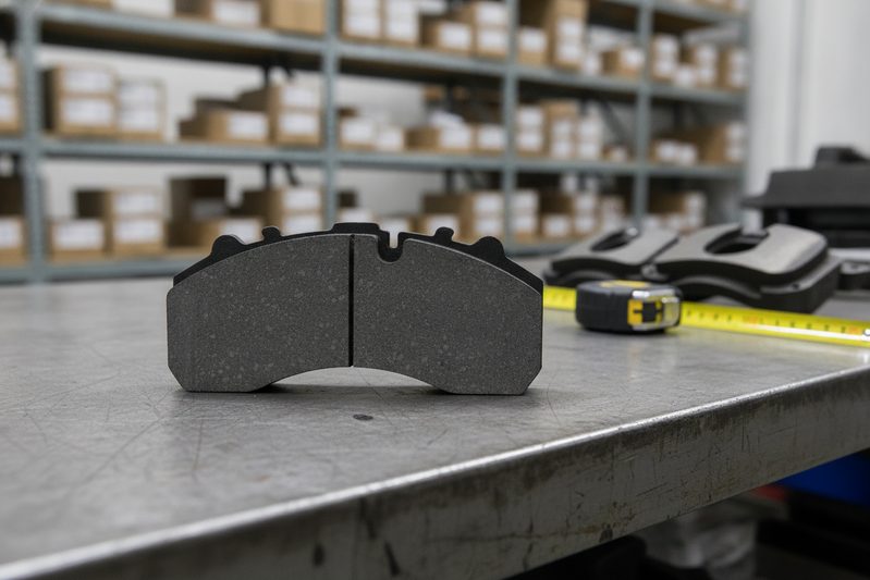 Close-up comparison of two Hino truck brake pad backing plate profiles against a caliper bracket, illustrating fitment differences