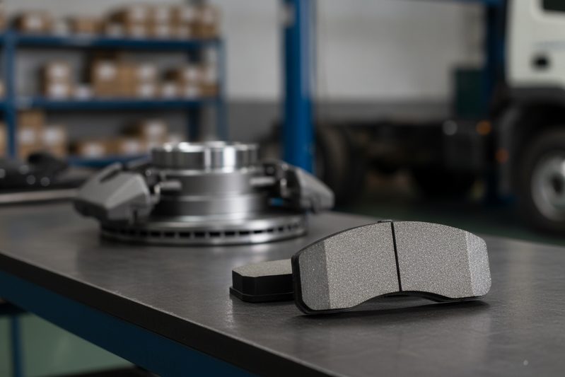 Technician installing new brake pads into a lifted Hino truck's commercial brake caliper with replacement hardware on display