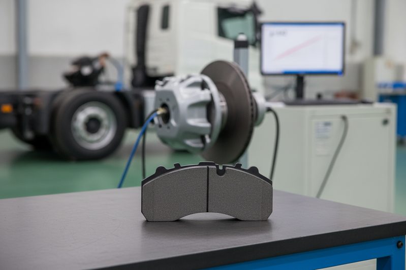 Commercial vehicle brake pad undergoing friction test on dynamometer