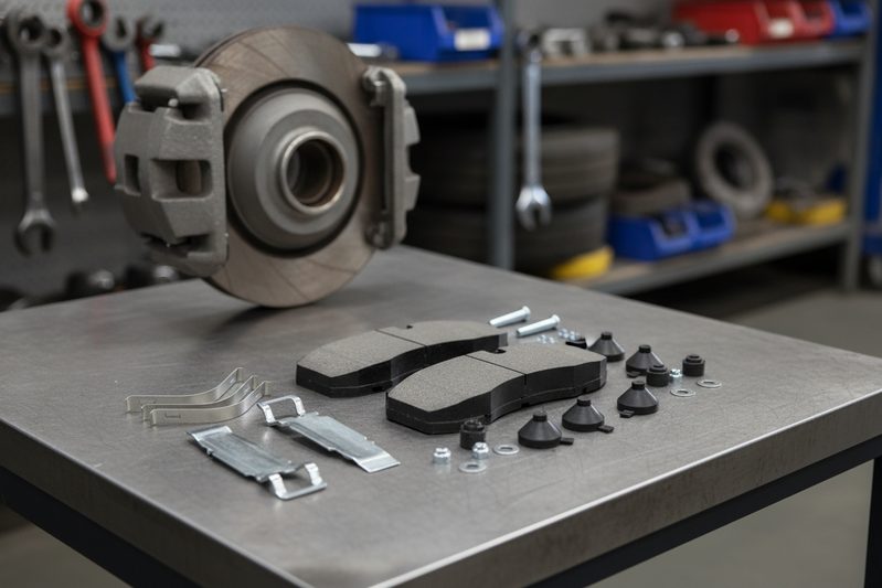 Installed Volvo truck brake pad WVA 29253 with visible wear indicator inside commercial vehicle caliper