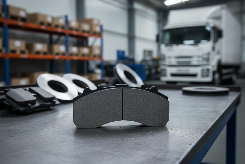 CP2223 brake pad for Isuzu NRR truck being verified against fitment chart in workshop