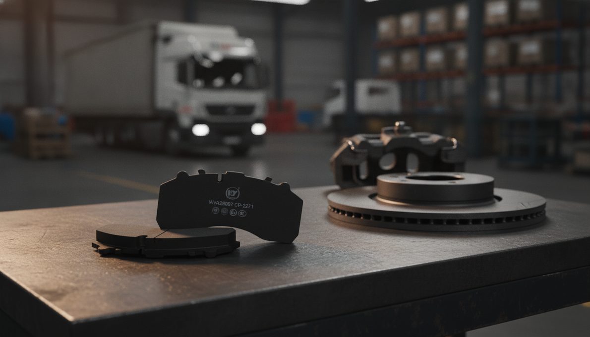 Iveco disc brake pad fitment verification sample on workbench with caliper and disc