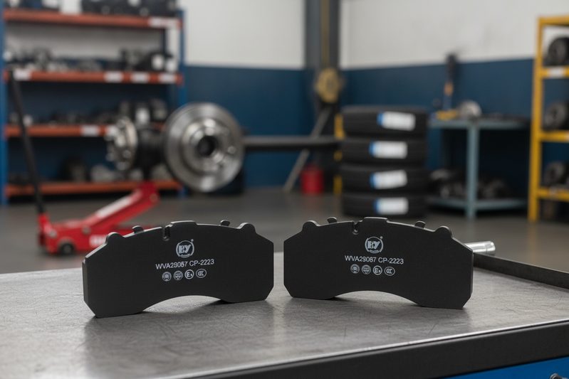 Close-up physical inspection of Iveco disc brake pad chamfers and anti-noise shim