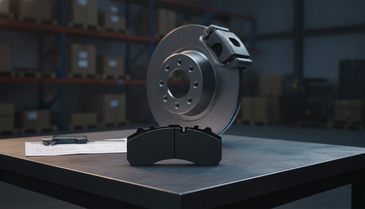 Meritor brake pad replacement checklist on a workbench with truck caliper and heavy-duty disc