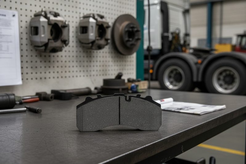 Close-up of an IATF 16949 certified Meritor-type brake pad with mechanical retention anchors