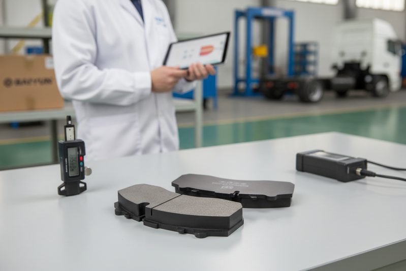 Quality engineer checking commercial vehicle brake pad on inspection station with BAIYUN packaging