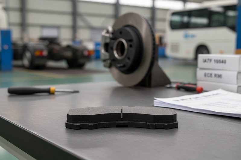 OEM commercial vehicle brake pad undergoing quality inspection with measurement tools in Chinese factory