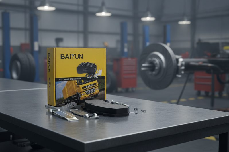 BAIYUN commercial vehicle brake pad set being inspected during electric truck service