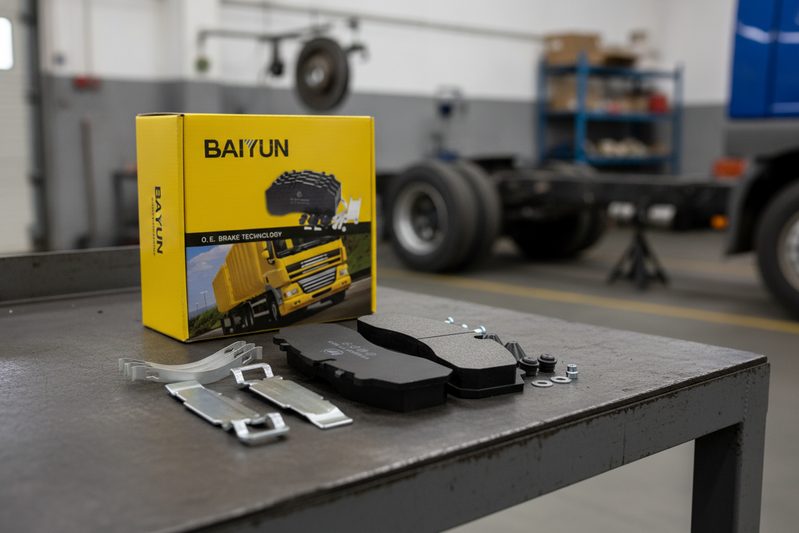 Close-up of electric truck brake pad installation with caliper and disc, showing wear indicator clip and multi-layer shim