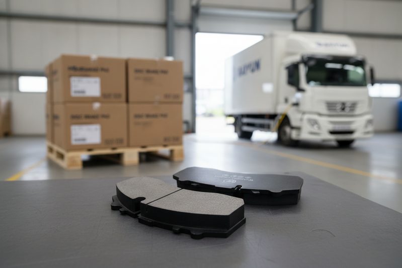 Stack of commercial vehicle brake pad boxes with ECE R90 marking, palletized for fleet distribution, electric tractor unit in loading bay
