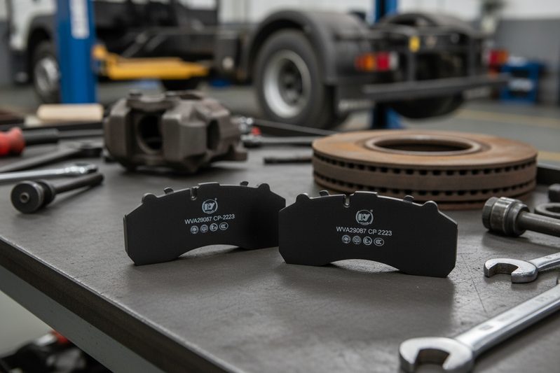 Brake lining set for commercial vehicles on workbench