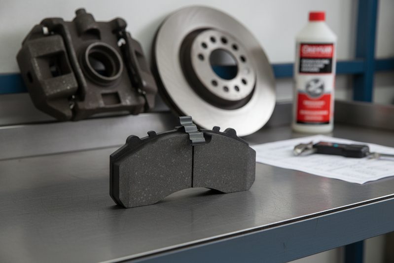 BAIYUN Brake CP2223 truck brake pad on a workbench with caliper and rotor in background, showing heavy-duty commercial braking components