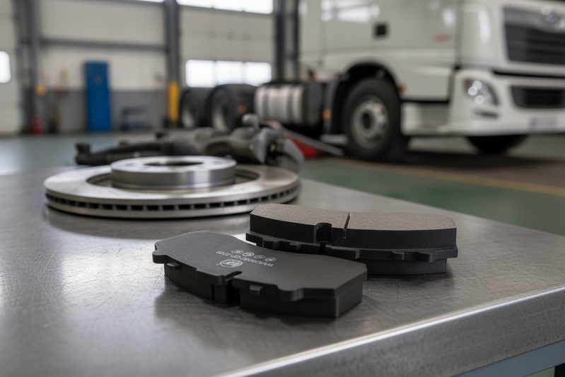 Truck mechanic inspecting BAIYUN brake pad on commercial vehicle caliper and disc assembly in fleet workshop