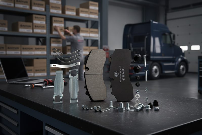 BAIYUN brake pad boxes on shelf in fleet maintenance warehouse with technician selecting replacement pads