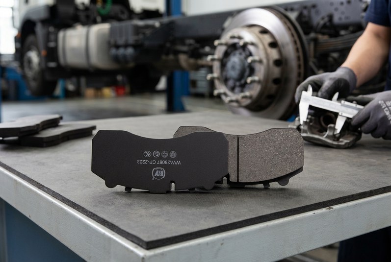 Installing commercial vehicle brake pad into heavy truck caliper in hot climate fleet workshop