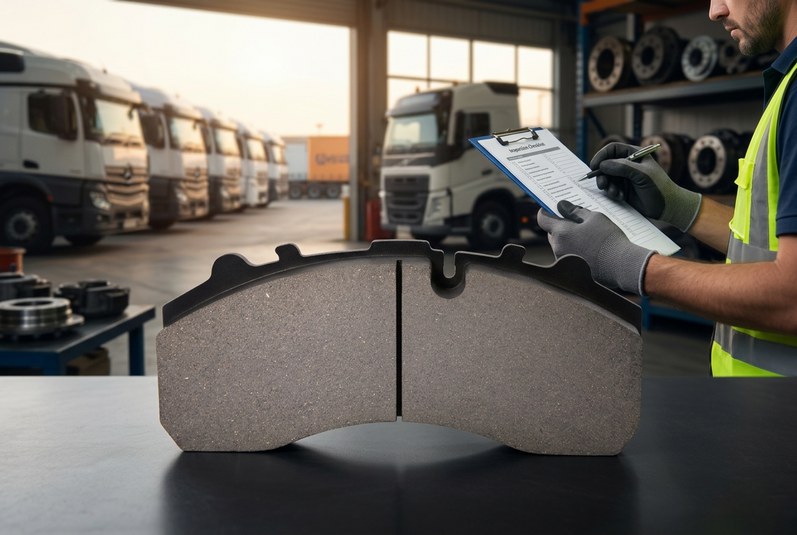 Heavy truck brake pad material verification in fleet logistics depot