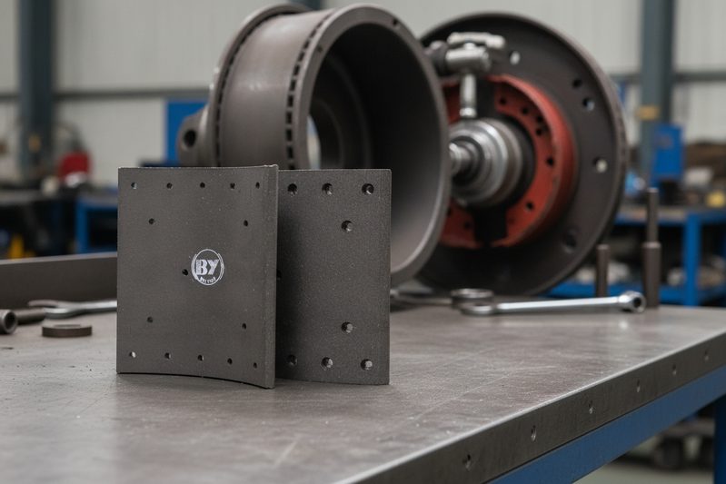 Technician inspecting BPW brake lining for commercial vehicle drum brake assembly