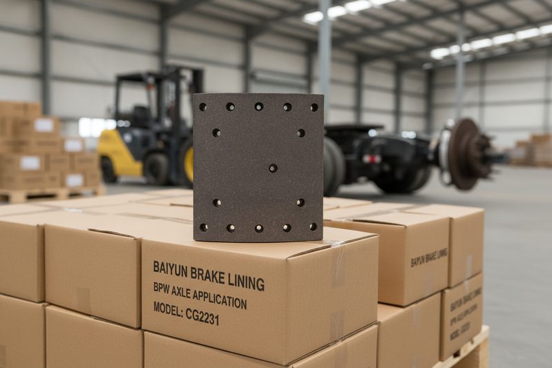 Wholesale BPW brake lining boxes stacked in distributor warehouse ready for shipment