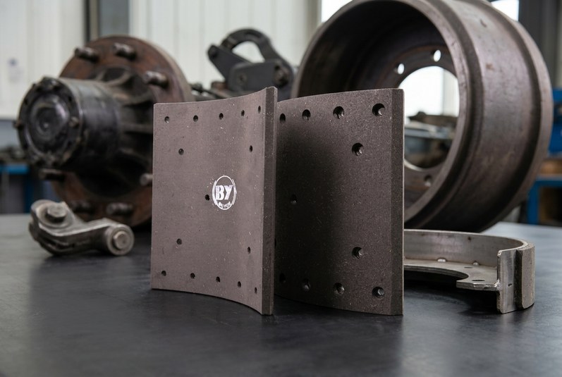 Brake lining vs brake shoe comparison showing CG2231 lining and commercial truck drum brake shoe