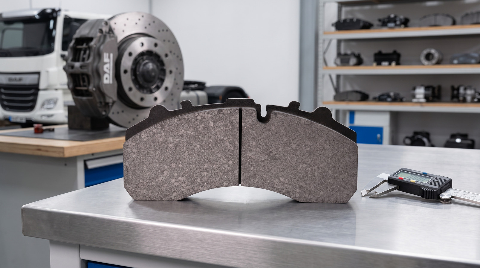 DAF brake pad replacement checklist featuring disc brake pad on inspection table for commercial vehicle sourcing