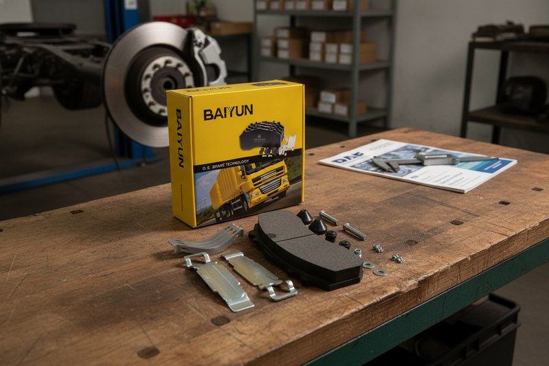 Technician verifying DAF truck brake pad fitment against specification sheet during pre‑installation check