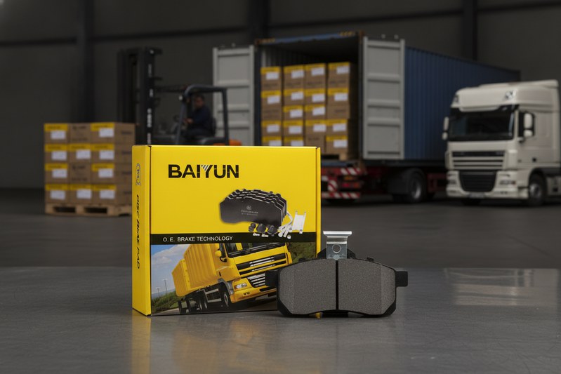 Export shipment of DAF brake pad repair kits ready for distribution, highlighting aftermarket supply chain