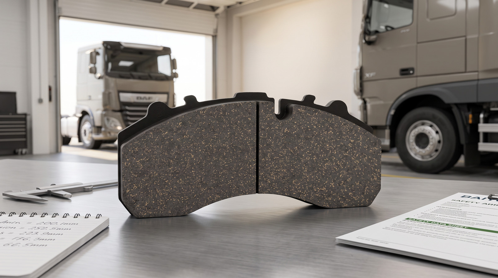 DAF disc brake pad fitment verification BAIYUN cp2201 sample on workshop bench with DAF truck in background