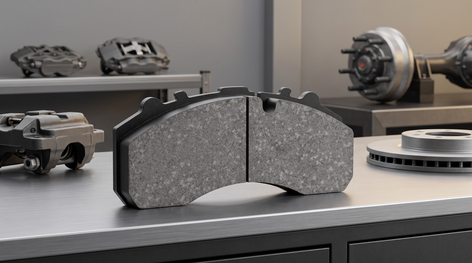 Disc brake pad fitment verification for commercial vehicle brake pad set on white background