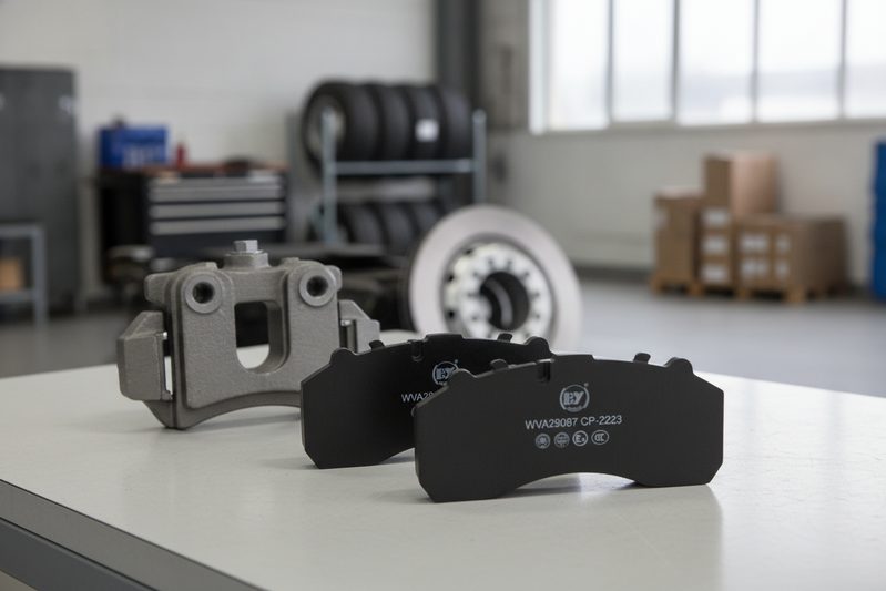 Commercial vehicle brake pad with WVA reference number on backing plate, shown with caliper bracket on workbench