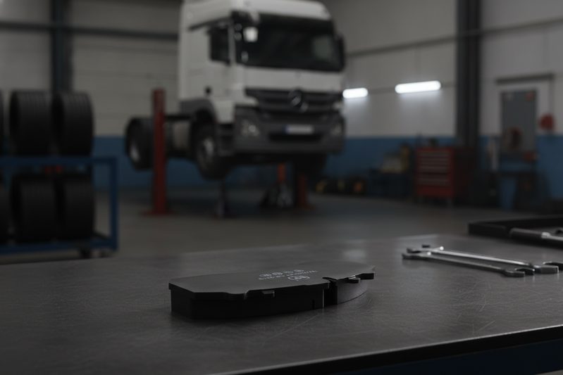 Fleet technician inspecting BAIYUN truck brake pad thickness on heavy-duty truck in maintenance shop