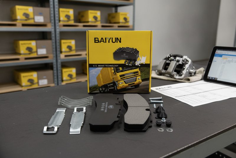 Meritor brake pad inspection of cp2203 from BAIYUN with micrometer on workbench