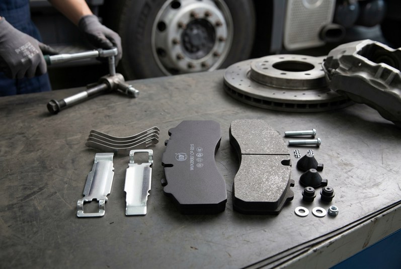 Semi metallic brake pad installed in heavy truck caliper with disc