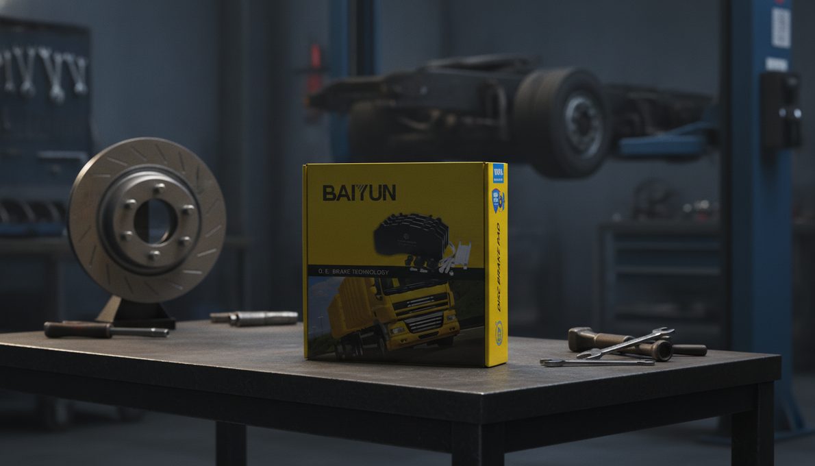 Semi-metallic brake pads manufacturer repair kit box and heavy-duty truck components on workbench