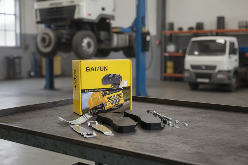 Mechanic installing BAIYUN semi-metallic brake pads into commercial truck caliper on a lift