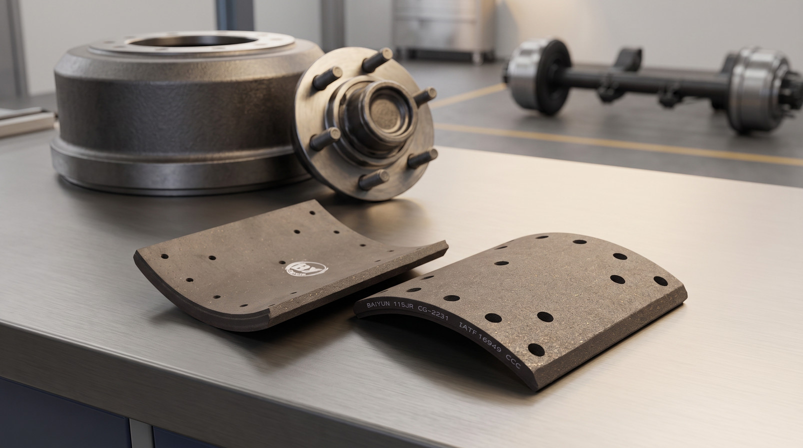 Truck brake lining wear causes illustrated with BAIYUN commercial vehicle brake lining product on industrial workbench