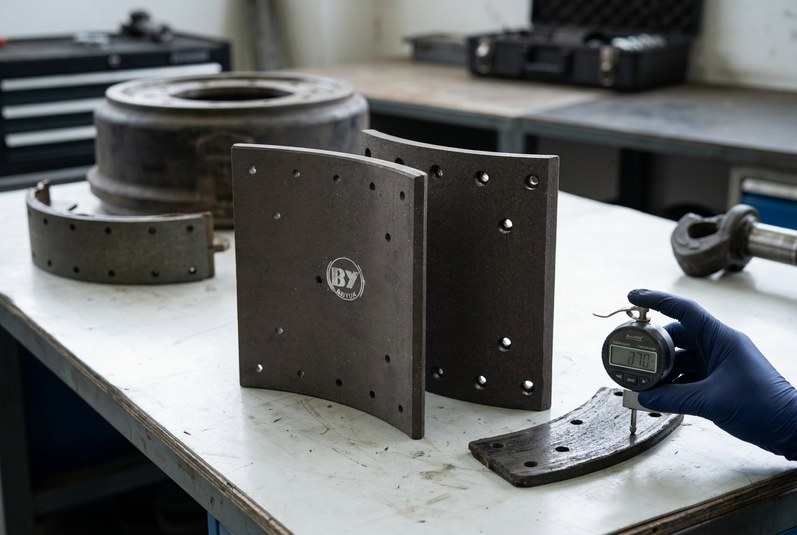 Worn truck brake lining compared with new BAIYUN commercial vehicle brake lining during thickness measurement