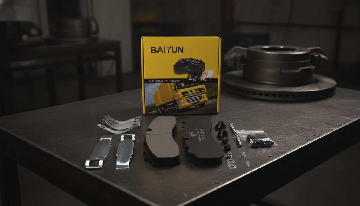 truck brake pads bulk order China – BAIYUN heavy-duty commercial vehicle brake pad on textured background