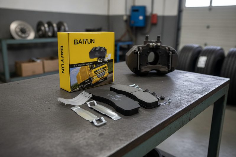 Technician inspecting truck brake pad dimensions with caliper in BAIYUN Brake factory quality lab
