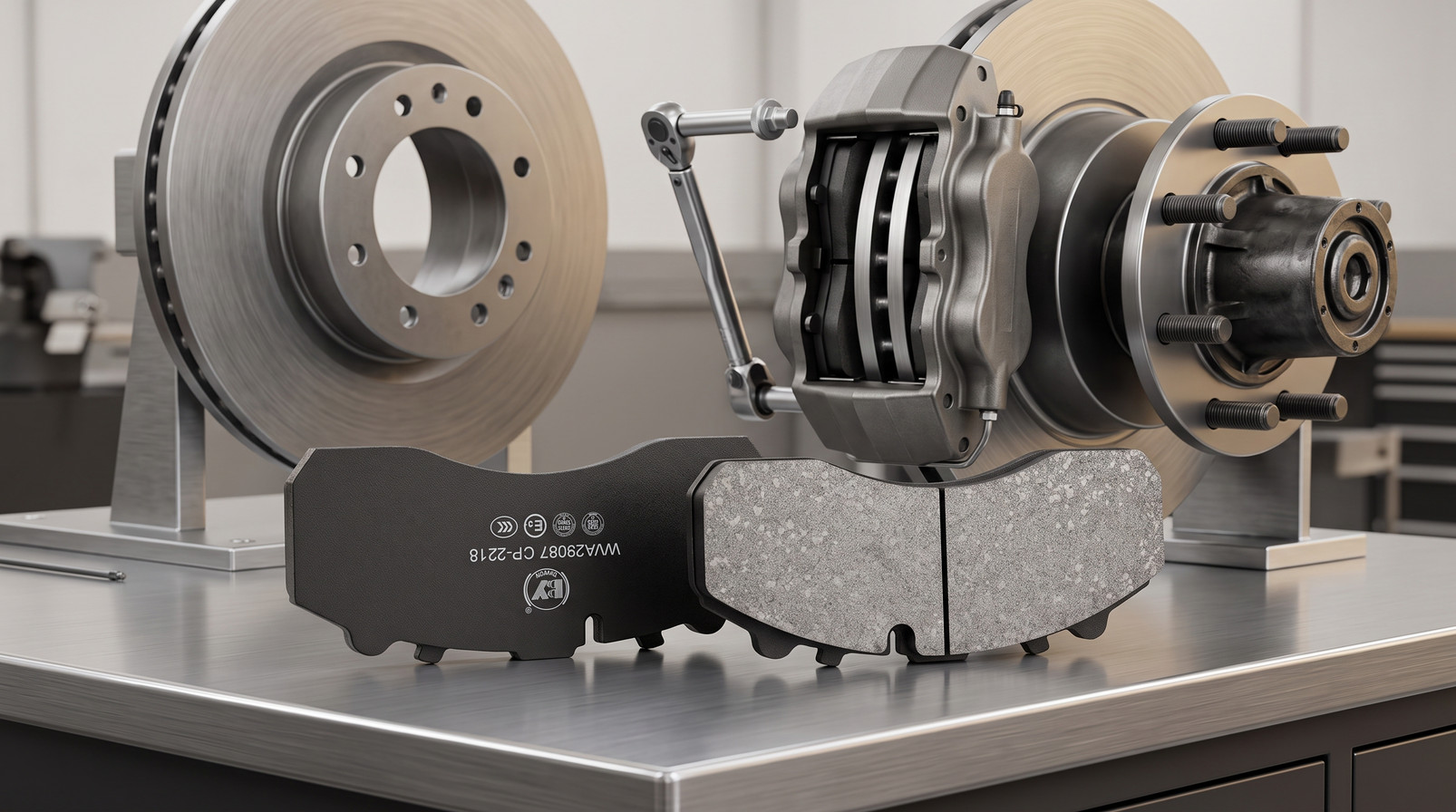 Brake fade heavy trucks causes - heavy-duty commercial vehicle brake pads on workshop inspection bench