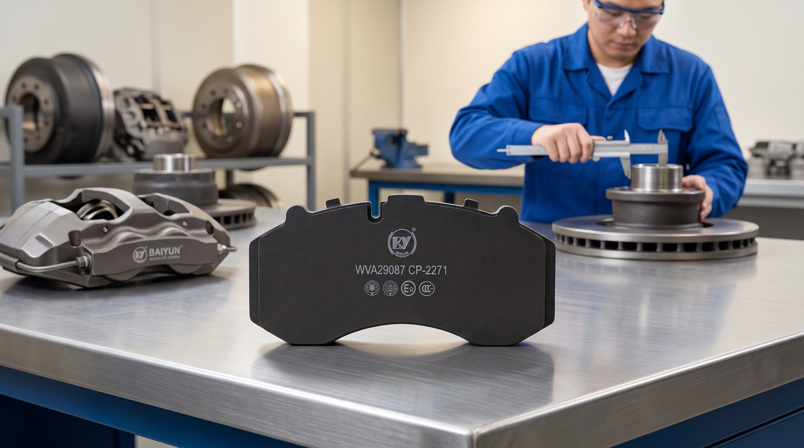 IATF 16949 brake pad factory quality control technician inspecting commercial vehicle brake pads