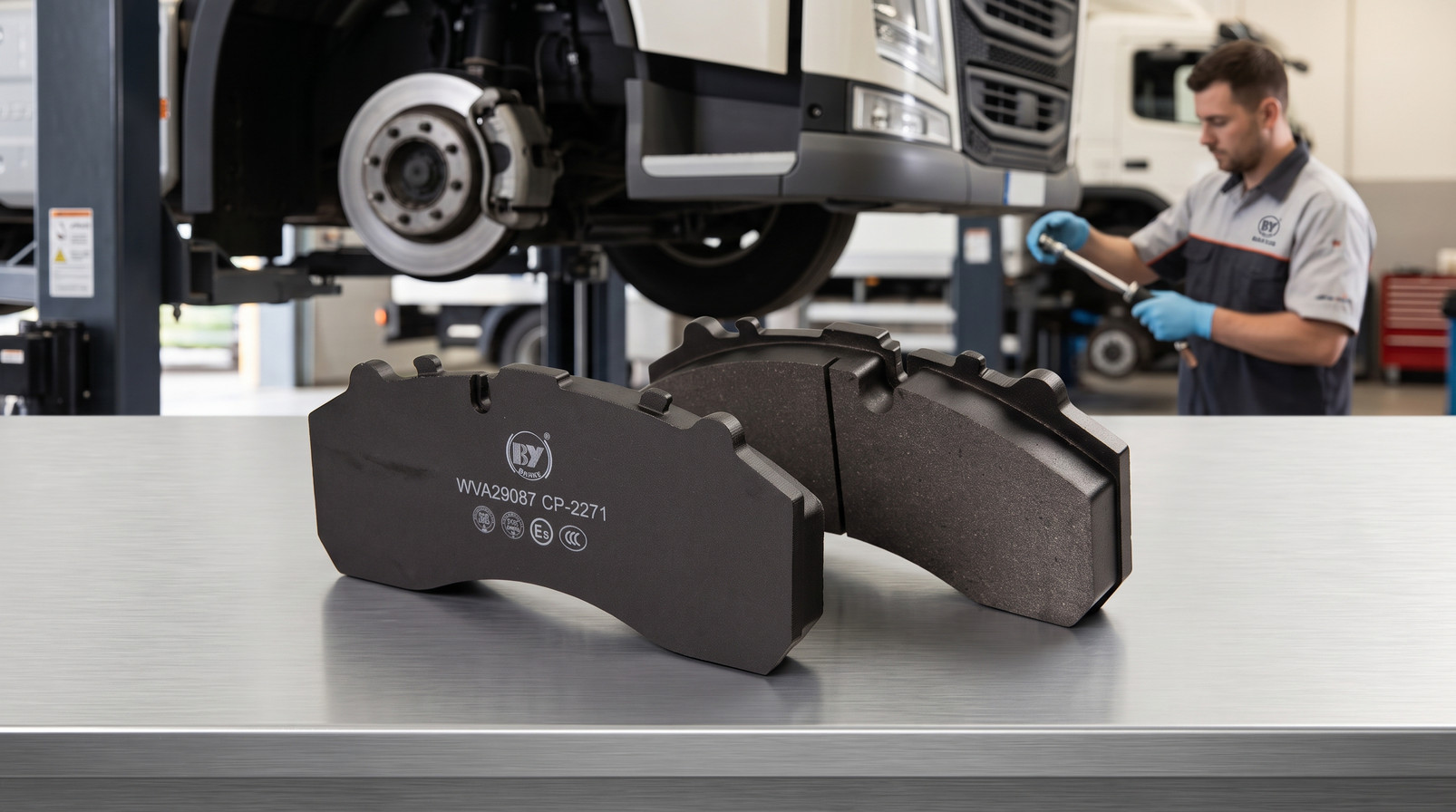 Truck brake pads that wear out fast compared to a durable set - BAIYUN commercial vehicle pads on a service bench