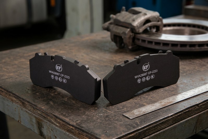 Inspecting truck brake pad wear: cp2223 heavy-duty pad next to a worn unit showing thickness difference