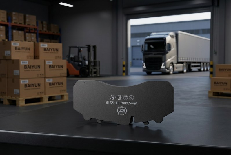 cp2219 commercial vehicle brake pad in a warehouse with pallets of BAIYUN boxes, illustrating logistics for bulk orders